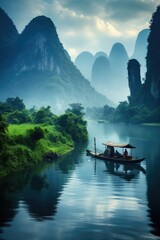 Landscape of Guilin, Li River and Karst mountains, China. Generative ai