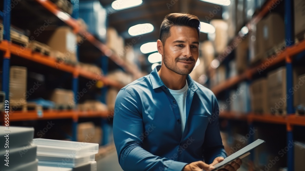 Poster smiling salesman using tablet checking supplies in warehouse.