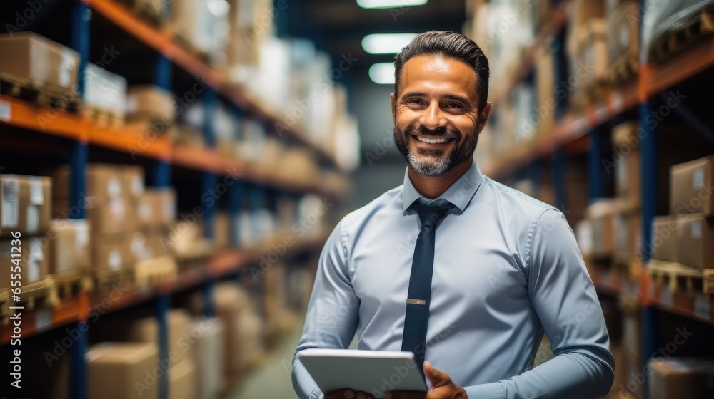 Poster smiling salesman using tablet checking supplies in warehouse.