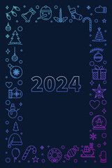 Happy New 2024 Year linear colored frame - vector Xmas vertical illustration or banner