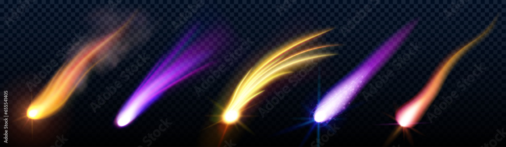 Wall mural comet trail effect and meteor star light vector. asteroid speed fall flame and galaxy fire 3d isolat