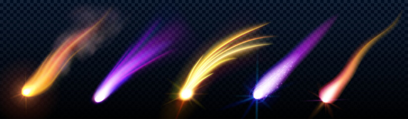 Comet trail effect and meteor star light vector. Asteroid speed fall flame and galaxy fire 3d isolated illustration. Realistic night flare glow from rocket tail. Fireball or missile burst ui vfx © klyaksun