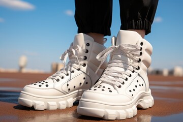 Super high heel white sneakers.