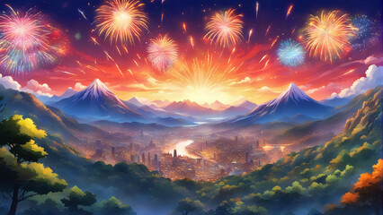 Fireworks over the snow covered mountains.