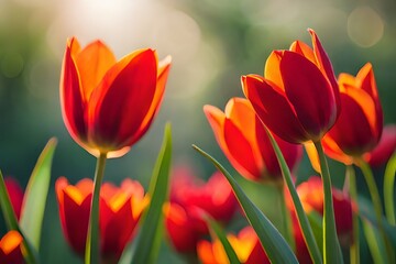 Red tulips flowers in the garden - obrazy, fototapety, plakaty