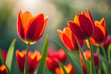 Fotobehang Red tulips flowers in the garden © Muhammad