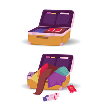 Set of packing open suitcases full of clothes and documents, vector illustration in flat style. Time to travel concept.