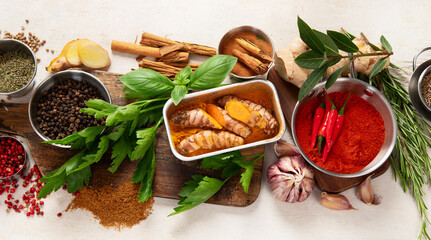 Colourful various herbs and spices for cooking.