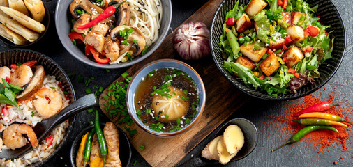 Assortment of asian traditional dishes. Asian food.