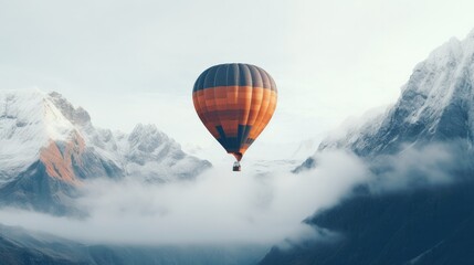 Hot air balloons flying over spectacular  winter mountains landscape. Generative ai