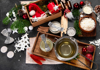 Making decorative aroma candle. Set for homemade Christmas wax candles