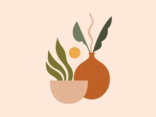 Illustration of Tropical Jungle Plants in Pot 