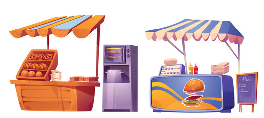 Street food market stall vector festival illustration. Cartoon park snack shop stand for summer outdoor event with burger and sandwich. 2d urban game restaurant to sell bakery product for lunch - obrazy, fototapety, plakaty