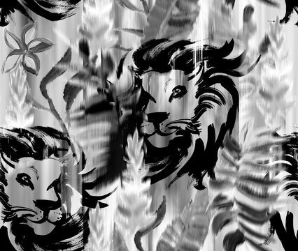 Seamless black and white pattern with blur effect and lion and botanical element for summer text and design