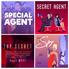 Set of squared banners about secret agents flat style, vector illustration
