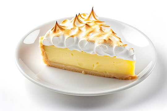 delicious slice of lemon meringue pie on white plate isolated on white background