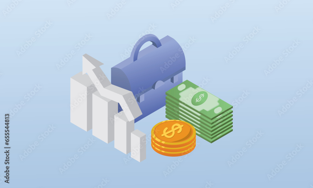 Poster 3d business briefcase next to the chart and arrow and columns of coins with dollar sign, business fi