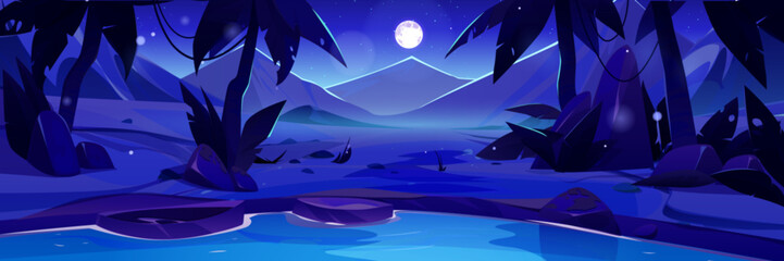 Night arabian desert oasis with lake vector background. Full moon in dark sky 2d egyptian panorama landscape. Starry light scene in summer with tropic sahara sand hills and mirage environment location