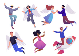 Obraz premium Vector illustrations set of People fly and jump, excited woman, man in action, moving with fun, flying on a rocket