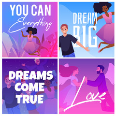 Happy flying people, set of posters with concepts of love and dreams, cartoon flat vector illustration.