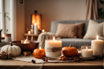 Fototapeta na wymiar Burning candles with autumn decorations on table in living room.