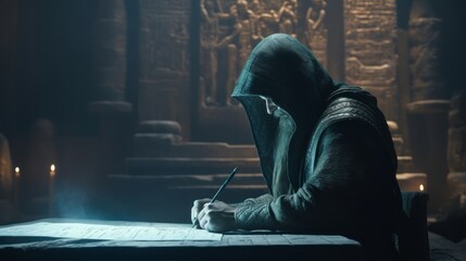 Ancient man with dark hood in a temple reading an old book - obrazy, fototapety, plakaty