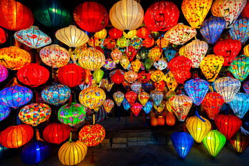 Vietnamese  paper lanterns in Hoi An ancient town. Traditional Vietnamese culture and lanterns at...