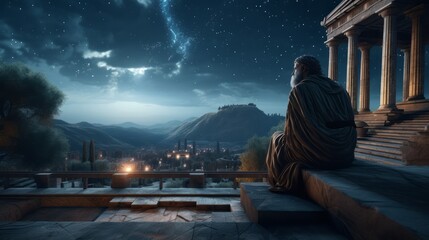 Ancient Greek Philosopher Watching The Stars near a Greek Temple