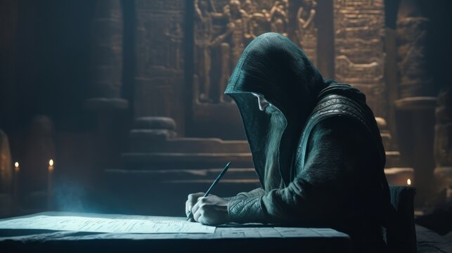 Ancient man with dark hood in a temple reading an old book