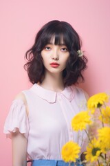 Fototapeta premium Pastel-colored portrait of a young and attractive Asian girl with flowers.