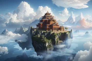 Poster Chinese temple in the morning in floated islands with beautiful clouds © ahmudz