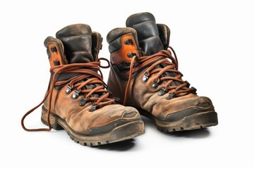 A pair of well worn old leather hiking boots used to protect your feet when walking in the mountains isolated against a white background, Generative AI - obrazy, fototapety, plakaty