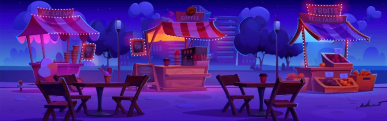 Gardinen Street food festival or city park with stalls at night. Cartoon landscape of funfair with stands with garlands selling ice cream, coffee, and fresh farm vegetables and fruits, and tables for eating. © klyaksun
