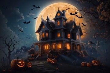 Halloween ghosts haunted the background with pumpkins and flying black bats photo