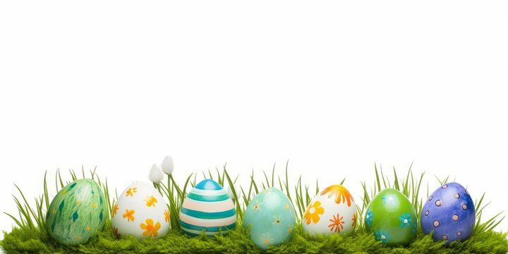 A collection of painted easter eggs celebrating a Happy Easter template with green grass and white background, Generative AI