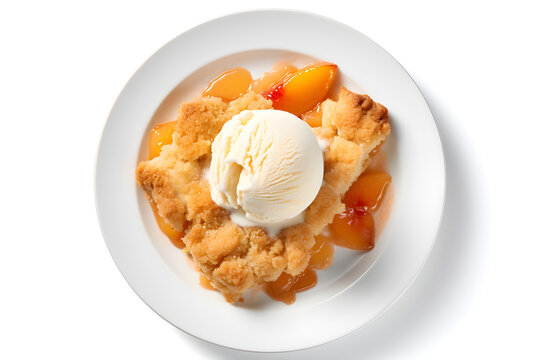 Delicious Plate Of Peach Cobbler And Vanilla Ice Cream Isolated On White Background