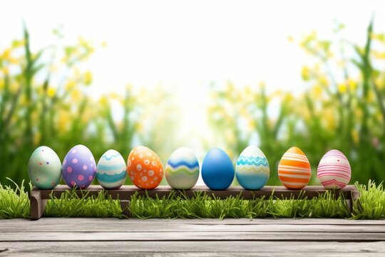 A collection of painted easter eggs celebrating a Happy Easter template with a wooden bench to place products with green grass and white background, Generative AI