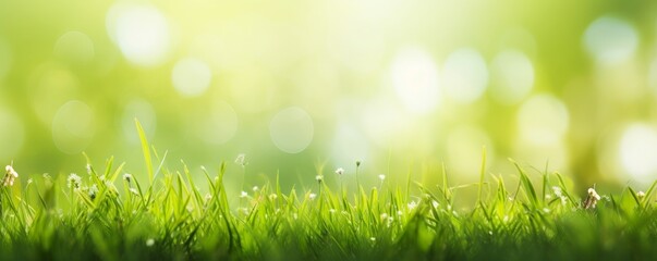 Obraz premium A fresh spring sunny garden background of green grass and blurred foliage bokeh, Generative AI