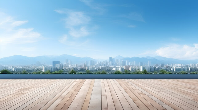 Cityscape and skyline of downtown in sunny day on view from empty the rooftop.

