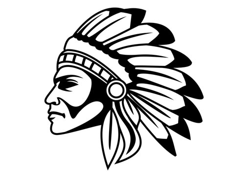Warriors Vector Illustration of old Native American Indian chief in feathers war bonnet line art 