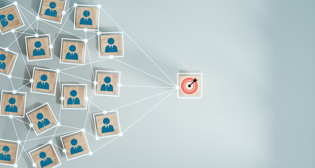 Wooden cube block print screen person icon which link connection network for organisation structure...