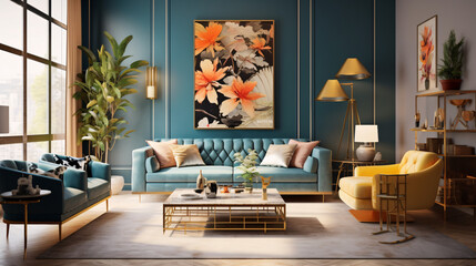 Eclectic interior design for a modern living room featuring an elegant sofa, artwork, table, and stylish decor