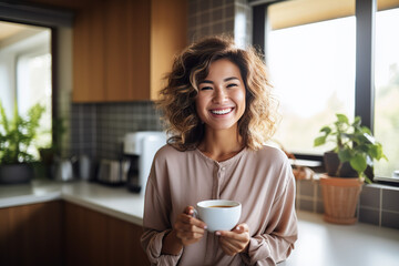 Morning Bliss Radiant Woman Enjoying a Cup of Coffee in the Comfort of Her Home Kitchen. created with Generative AI