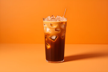 delicious iced cold brew coffee with pumpkin spice isolated on orange background - obrazy, fototapety, plakaty