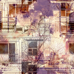 Urban tales: sketch of houses and trees endless motif. Digital art and watercolour, ink texture. Seamless vintage pattern for packaging, scrapbooking, textile.  - 655550467