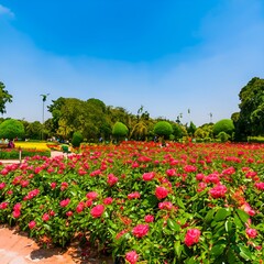 Obraz premium garden with flowersflower, field, nature, flowers, garden, spring, landscape, sky, poppies, meadow, summer, red, 