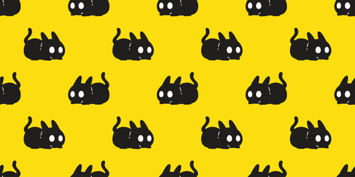 cat seamless pattern Halloween black kitten calico vector doodle cartoon character gift wrapping paper tile background repeat wallpaper yellow scarf isolated