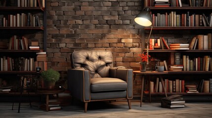a reading room with a brown chair and plenty of books