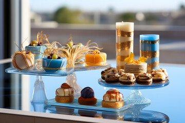 Sunlit Simplicity: A close-up shot of an artful arrangement of Mediterranean desserts with a limited color palette inspired by the warm Mediterranean sun, featuring shades of gold and azure.