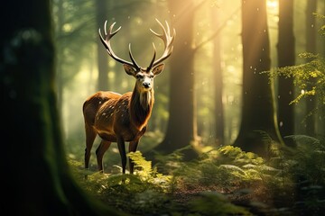 Deer in the forest at sunrise. Wildlife animal landscape background